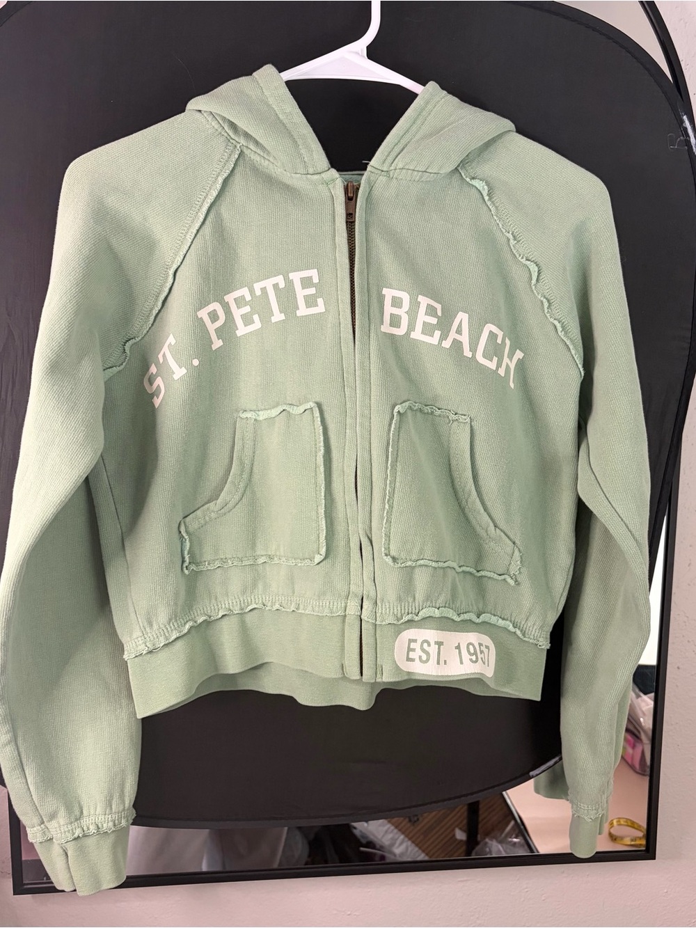 Ocean Drive St. Pete Beach Sage Green Cropped Full-Zip Hoodie Size L